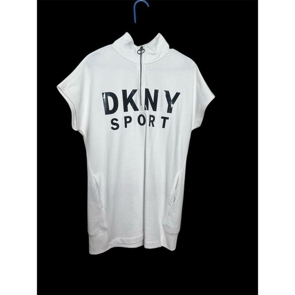 DKNY Sport S White Short Sleeve Fleece Dress w/ Slit Pockets